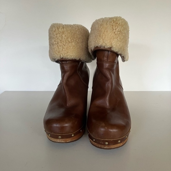 UGG 1958 Lynnea Leather Studded Foldover Clog Boot Shearling Cuff, Caramel, 9 - Picture 2 of 11